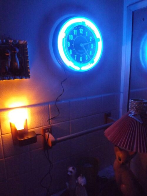 Retro Analog Blue Neon Light Wall Clock 11" Dorm Game Rec Room She Shed Bar