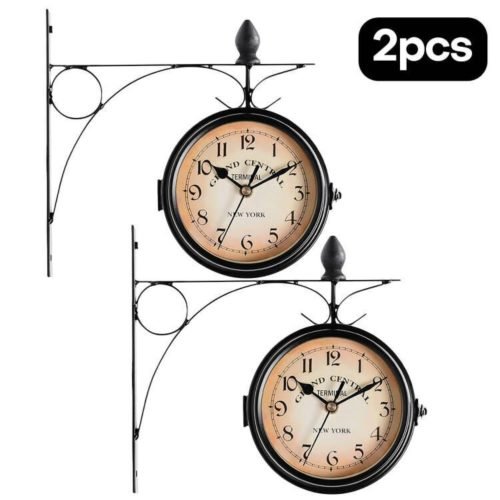 Retro Antique Station Clock Double Sided Hanging Wall Clock Indoor Outdoor Decor
