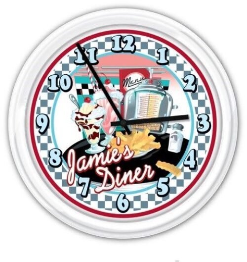 Retro Diner Kitchen PERSONALIZED Wall Clock 50's Decor Juke Checker