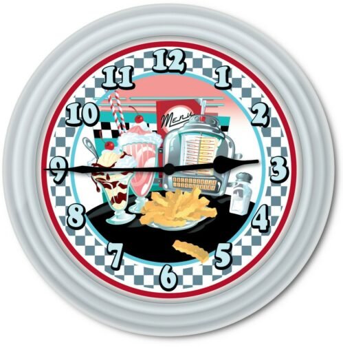 Retro Diner Kitchen Wall Clock - 50's Decor Juke Box Checker Milkshake Silver