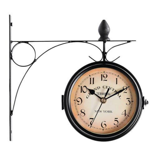 Retro Double Sided Hanging Wall Mount Station Clock Home Garden Hallway Decor