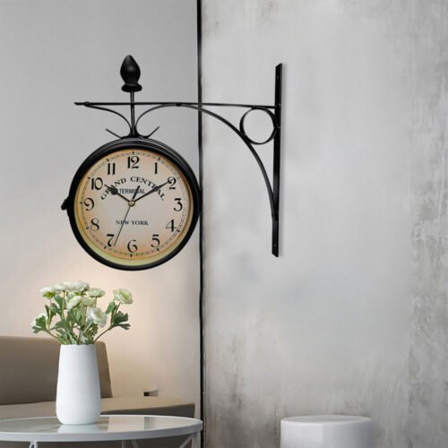 Retro Double Side Metal Hanging Wall Mount Clock Battery Powered Outdoor Garden