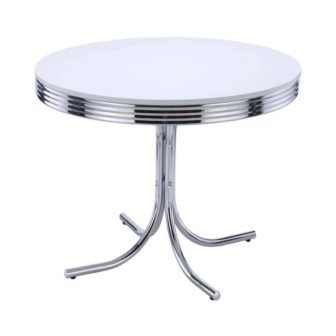 Retro Glossy White and Chrome Wood Top Round Pedestal Dining Table Seats...
