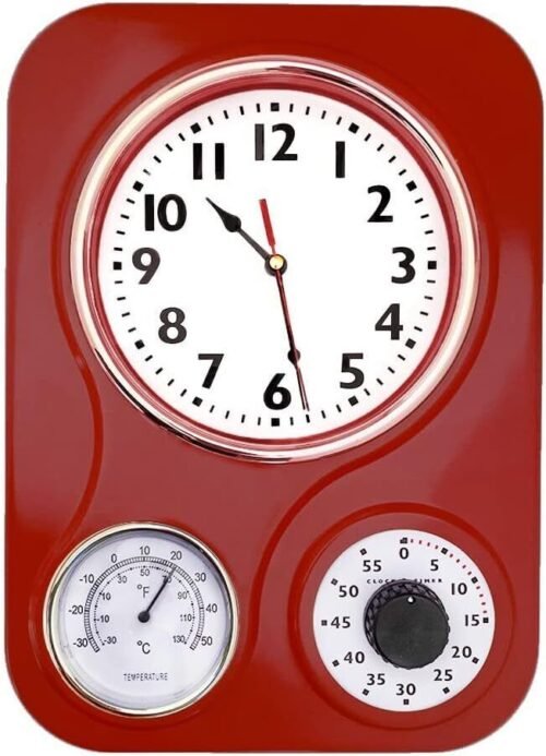 Retro Kitchen Clock with Temperature and Timer (Retro Red)