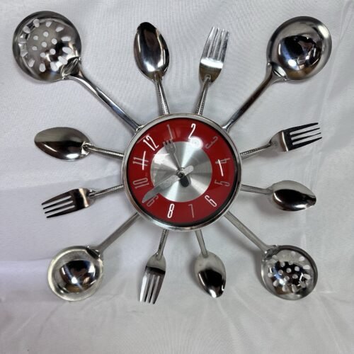 Retro Kitchen Utensil Wall Clock 17" Tall Red / Chrome ~ TESTED WORKING CONDITN