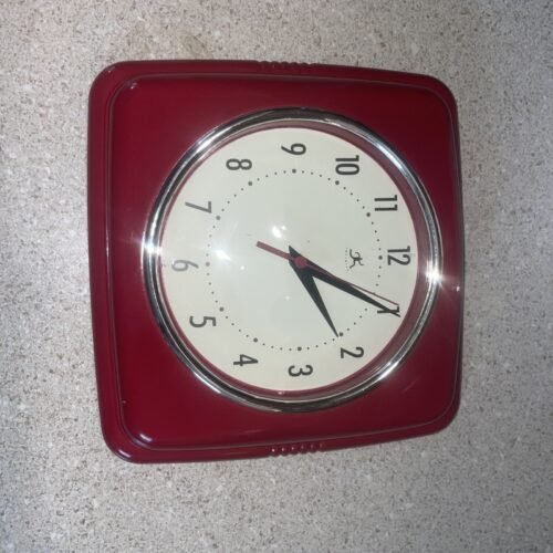 Retro Kitchen Wall Clock Silent Vintage Style Red 9" Square Lightweight Plastic