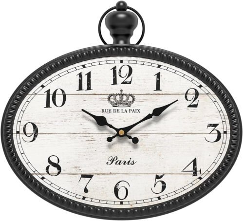 Retro Oval Wall Clock. Black Vintage Antique Style. Battery Operated Decor Wall