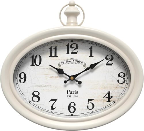Retro Oval Wall Clock. White Vintage Antique Style. Battery Operated Silent Wall