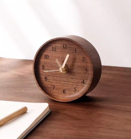 Retro Round Small Desk Clock Black Walnut Wood Mute Clock Home Decor Bedroom