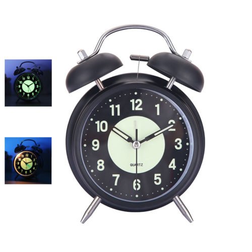 Retro Twin Bell Alarm Clock Quartz Silent Luminous Dial Nightlight Analog Clock