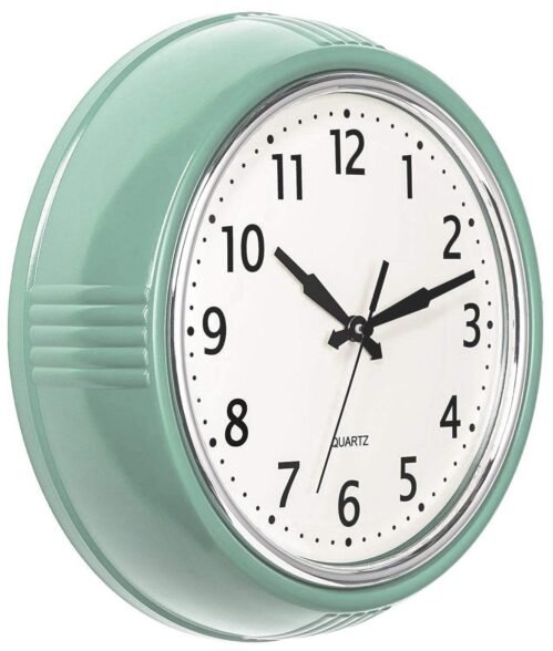 Retro Wall Clock 12 Inch Green Kitchen 50's Vintage Design Round Silent NEW!