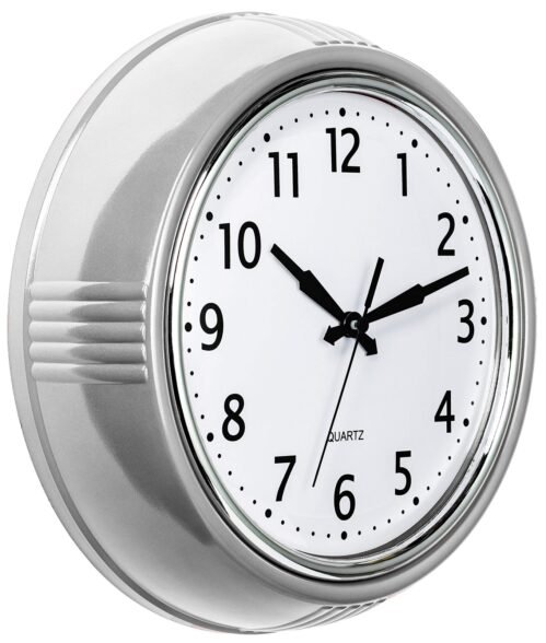 Retro Wall Clock 12 Inch Silver Kitchen 50's Vintage Design Round Silent Non ...