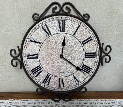 Retro Wall Clock 15” Brown Scroll Metal Frame Roman Numerals Antiqued Surface