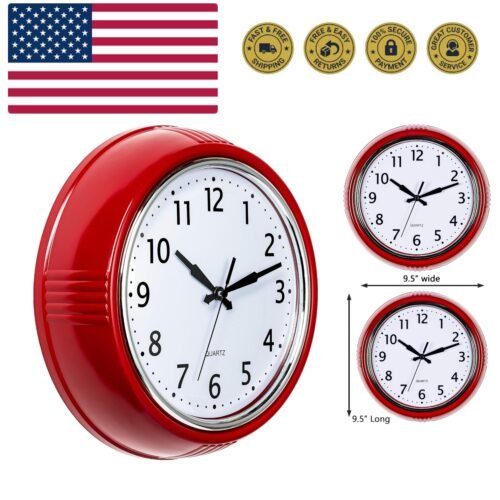 Retro Wall Clock 9.5 Inch Red Kitchen 50's Vintage Design Round Silent Non Ti...