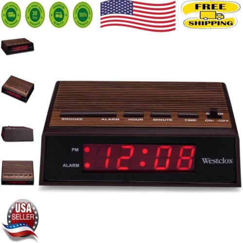 Retro Woodgrain Digital Alarm Clock with Snooze Function - Space Saving Design