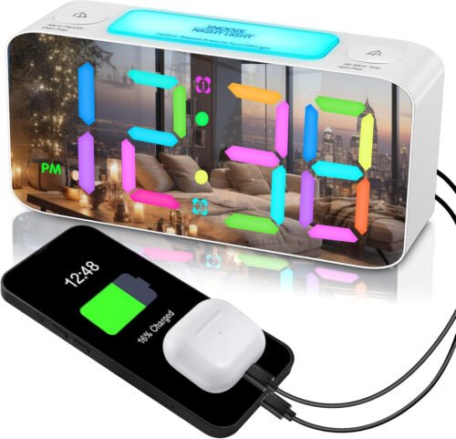 RGB Digital Mirror Alarm Clock, 15 Dynamic Color & 7" Large Screen, 7-Color Nigh