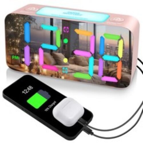 RGB Mirror Alarm Clock for Girl Bedroom, 2 Alarms Loud LED Big 15-Color Dimma...