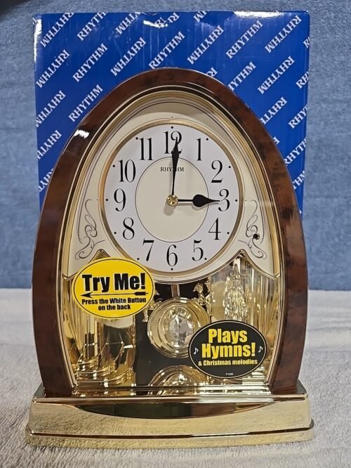 Rhythm Clocks "Joyful Crystal Bells" Musical Motion Mantel Clock Wood grain NEW