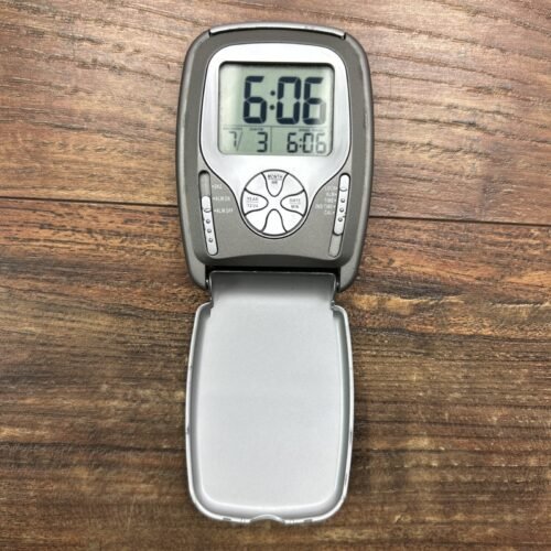 Rhythm Digital Travel Alarm Clock Foldable Light Snooze Gray Date Time