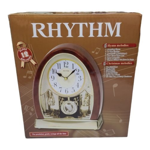 Rhythm "Joyful Crystal Bells" Musical Motion Clock Mantel Table Wood Grain