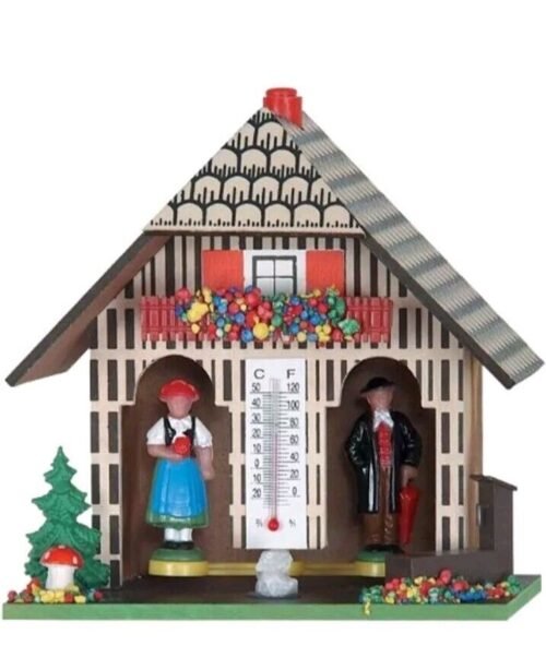 River City Clocks German Weatherhouse Man Woman Wooden Thermometer Temperature