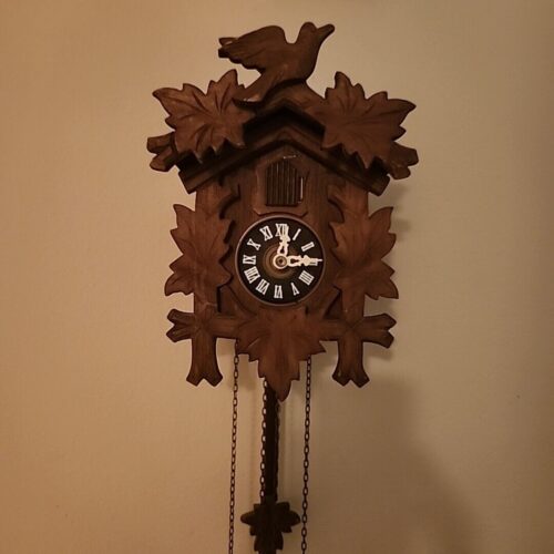 River City Cuckoo clock w/pendulum, weights, chains, manual, one day wall clock image