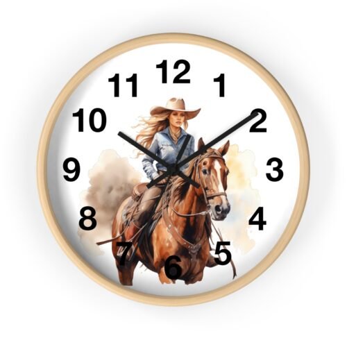 Rodeo Cowgirl Western Art Wall Clock All Wood Frame Old West Theme Wilderness
