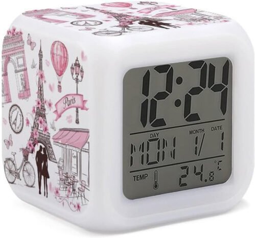 Romantic Paris Eiffel Tower Alarm Clock for Kids Boy Girl 7 LED Color Changin...