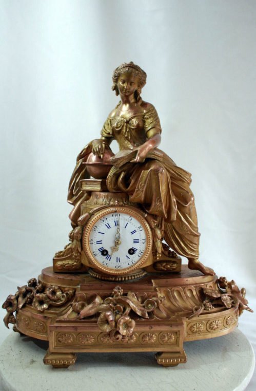 Romantic Solid Bronze French Clock Lady Writer
