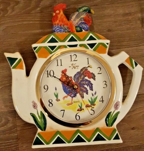 Rooster / Chicken Tea Kettle Clock - South Western Style Large Numbers