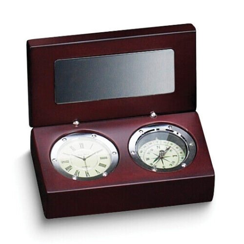 Rosewood Finish Wood Box with Compass and Clock and Engraving Plate GP4593