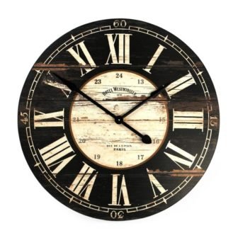 Round Antique Black Roman Numeral Wooden Clock