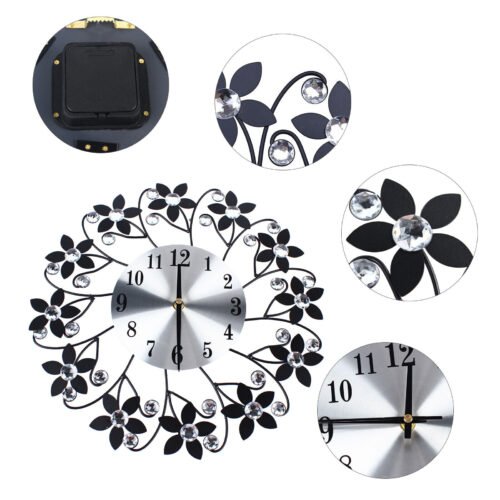 Round Flower Wall Clock Wrought Iron Hanging Clocks Black Home Living Room Decor