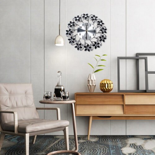 Round Flower Wall Clock Wrought Iron Hanging Clocks Black Home Living Room Decor