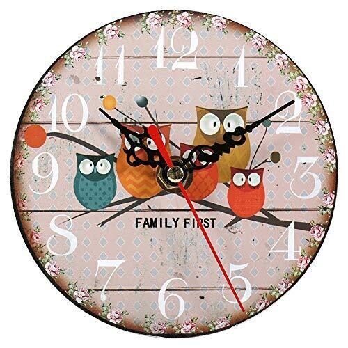 Round Wall Clock, Creative Vintage Owl Pattern Hanging Quiet Without 24