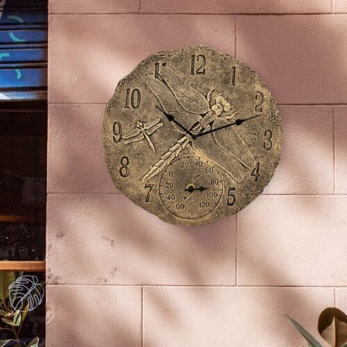 Round Wall Clock Indoor Outdoor Waterproof with Temperature Display Resin Statue