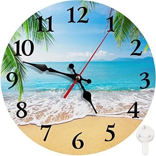 Round Wall Clock Silent Non-Ticking Clock 10 Inch Palm Tropical Beach Summer ...