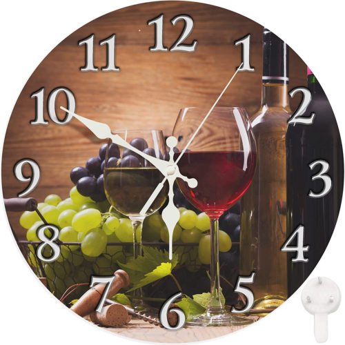 round Wall Clock Silent Non-Ticking Clock 12 Inch, Glasses Red White Wine Grapes