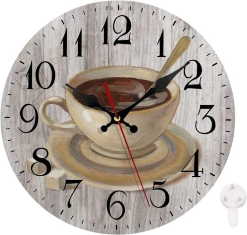 Round Wooden Analog Silent Non Ticking Decorative Coffee Cup Theme Wall Clock
