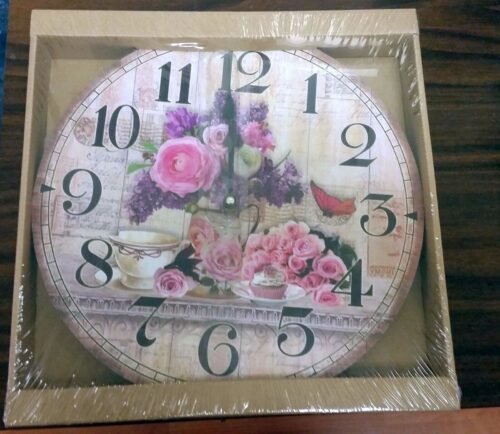 Round Wooden Kitchen Wall Decorative Clock, 12", FLOWERS & BUTTERFLIES