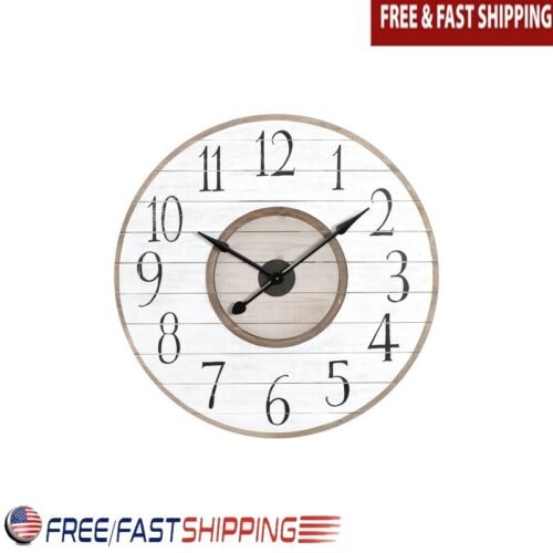 Round Wood Wall Clock Distressed White & Brown Farmhouse Decor Large Numbers New