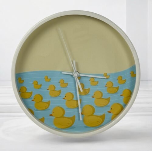 Rubber Duck Wall Clock 10 Circular Bathroom Baby Nursery Yellow Blue White