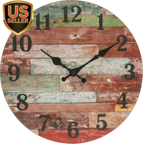Rustic 12 Inch round Wooden Wall Clock, Battery Operated, Vintage Farmhouse W...