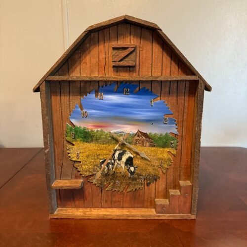 Rustic Barn Wood Wall Clock Hand Painted Farm Scene With Cow & Field home decor