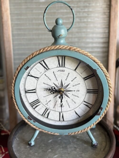 Rustic Blue Compass Clock, Shelf, Mantel Desk. Uses 1 AA Battery