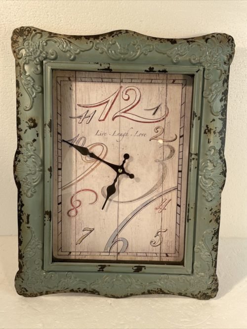 Rustic BlueGreen Distressed Rectangular Metal Wall Clock Live Laugh Love 14x18”
