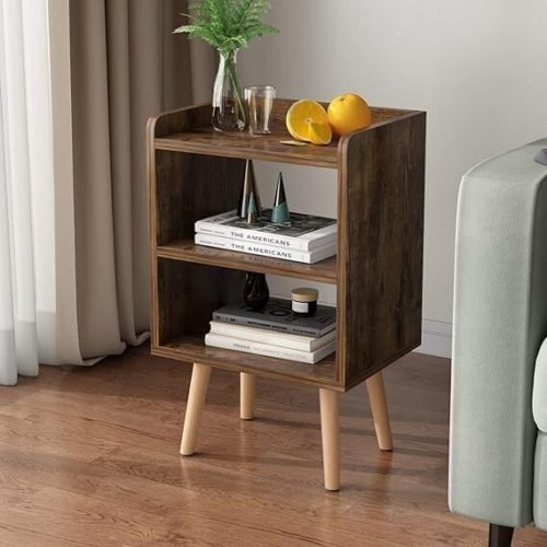 Rustic Brown Nightstand, Mid-Century Modern Bedside Tables w/ Storage Shelf