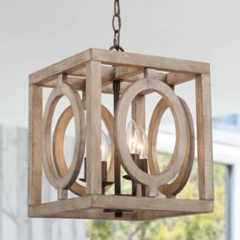 Rustic Farmhouse Lantern Wood Pendant, 4-Light Rusty Bronze Square Candlestick Chandelier for...