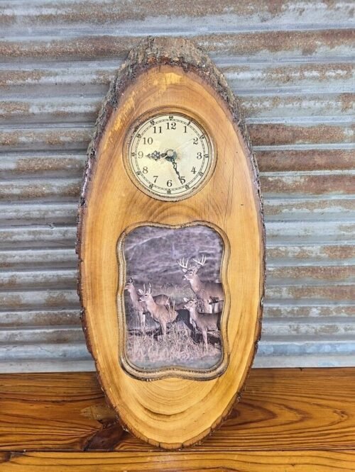 Rustic Log Slice Clock with Picture Frame, Cabin Decor Tested-works Vintage
