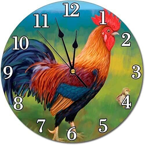 Rustic Rooster Chicken Wall Clock Battery Operated Silent Round Clock Wall De